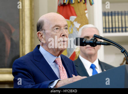 Washington DC, USA. 31st March, 2017. United States Secretary of Commerce Wilbur Ross speaks about trade in the Oval Office of the White House March 31, 2017 in Washington, DC. Credit: Olivier Douliery/Pool via CNP /MediaPunch Credit: MediaPunch Inc/Alamy Live News Stock Photo