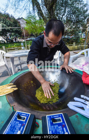 (170401) -- HANGZHOU, April 1, 2017 (Xinhua) -- A farmer fries West Lake Longjing tea leaves to make them dehydrated in Meijiawu Village of Hangzhou, capital of east China's Zhejiang Province, April 1, 2017. West Lake Longjing is one of the most famous green tea brands produced near the city's West Lake. Farmers are busy in harvesting tea leaves ahead of the Qingming Festival, which falls on April 4 this year, to produce the Mingqian (literally 'pre-Qingming') tea, which are made of the very first tea sprouts in spring and considered to be of high quality. (Xinhua/Xu Yu) (hdt) Stock Photo