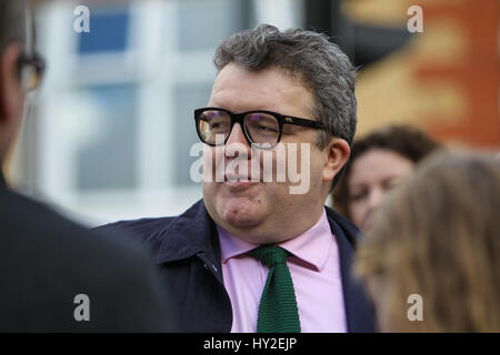 Canton, Cardiff, Wales, UK. 1st April 2017. Deputy Leader of the Labour Party: Tom Watson, lends his support to the local Labour Party Team, Stephen Cunnah, Susan Elsmore and Ramesh Patel, on the streets of Canton, Cardiff, for their forthcoming local elections. Andrew Lewis/Alamy Live News Stock Photo