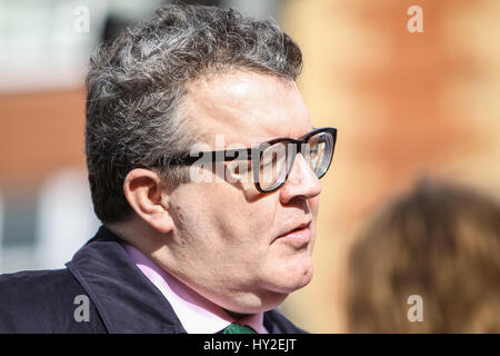 Canton, Cardiff, Wales, UK. 1st April 2017. Deputy Leader of the Labour Party: Tom Watson, lends his support to the local Labour Party Team, Stephen Cunnah, Susan Elsmore and Ramesh Patel, on the streets of Canton, Cardiff, for their forthcoming local elections. Andrew Lewis/Alamy Live News Stock Photo