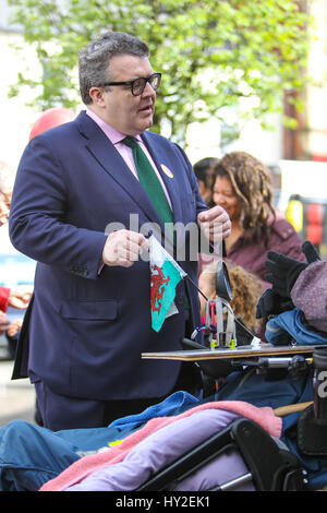 Canton, Cardiff, Wales, UK. 1st April 2017. Deputy Leader of the Labour Party: Tom Watson, lends his support to the local Labour Party Team, Stephen Cunnah, Susan Elsmore and Ramesh Patel, on the streets of Canton, Cardiff, for their forthcoming local elections. Andrew Lewis/Alamy Live News Stock Photo