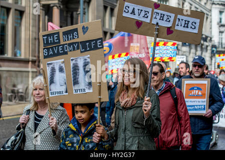 Leeds, UK. 1st April, 2017. Approximately a 1000 campaigners fighting to save the NHS attended a march & rally in Leeds city centre, Yorkshire Credit: Mark Harvey/Alamy Live News Credit: Mark Harvey/Alamy Live News Stock Photo