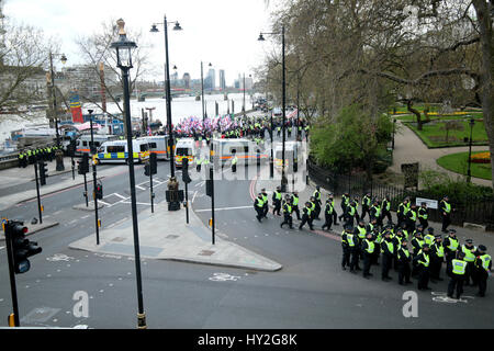 London UK 01 April 2017 The EDL (English Defence League) and Britain First staged a march trough central London to protest at what they see a weak response to the terrorist act committed in London few weeks ago and to what they see as the Islamic Threat,Counter Demonstrators from the AFL (Anti Fascist  League ) clashed with police. Credit: Paul Quezada-Neiman/Alamy Live News Stock Photo