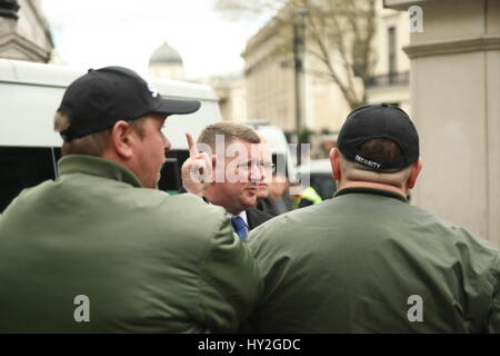 London, UK. April 1st, 2017.Paul golding, Britain First's leader addresses a handful of members outside Charing Cross Station. Far right groups Britain First and the English Defence League (EDL) Hold a rally in Whitehall, drawing on the recent terrorist attack in nearby Westminster as a justification. A counter 'unity demo' is held by Unite against Facism (UAF). Credit: Roland Ravenhill/Alamy Live News Stock Photo