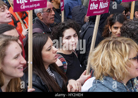 London, UK. 1st Apr, 2017. Unite Against Fascism blocked Far-Right British nationalist groups including the English Defence League (EDL) and Britain First march through central London promote hatred of muslim and migrants and heavy police presented to at rally at Westminster. by Credit: See Li/Alamy Live News Stock Photo