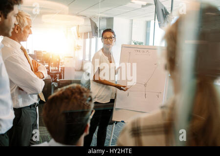 Asian businesswoman giving presentation to coworker over flip board. Female executive explaining statistics to colleagues during a meeting. Stock Photo