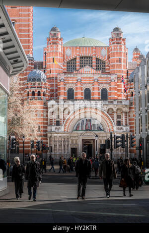 The facade and main entrance to the Catholic cathedral at Westminster, London, England. Stock Photo