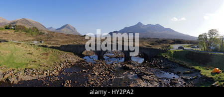 Sligachan, river, bridge, Camper, Cuillins, Isle of Skye, Highland region, Scotland Stock Photo