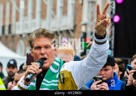 DUBLIN, IRELAND. MAY 01 2016 - David Hasselhoff counts down to the start of the first leg of the Gumball 3000 to Budapest. Stock Photo