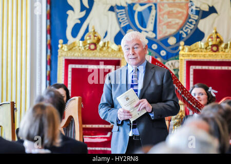HILLSBOROUGH, NORTHERN IRELAND. 24 MAY 2016: BBC Radio 3's Sean Rafferty comperes a musical evening in Hillsborough Palace to showcase some of the best local talent in Northern Ireland to HRH Prince Charles, the Prince of Wales, and The Duchess of Cornwall.