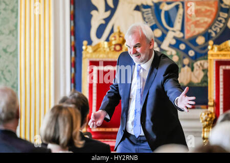 HILLSBOROUGH, NORTHERN IRELAND. 24 MAY 2016: Northern Irish comedian Tim McGarry performs to HRH Prince Charles, the Prince of Wales, and The Duchess of Cornwall in Hillsborough Palace.