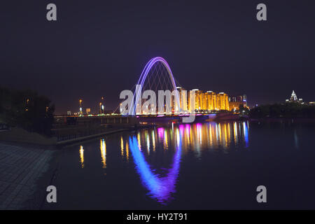 The bridge in Astana at night, in the capital of Kazakhstan Stock Photo