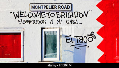 Welcom to Brighton sign painted on a wall on Montpelier Road in Brighton, England Stock Photo