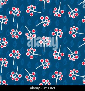Rowan berry seamless pattern on blue. Berries winter fruit vector repeat background. Stock Vector