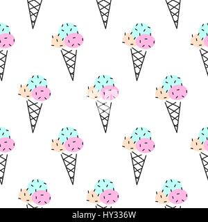 Ice cream cone vector seamless pattern. Pop art pink and black icecream white pastel background for wrap and textile. Stock Vector