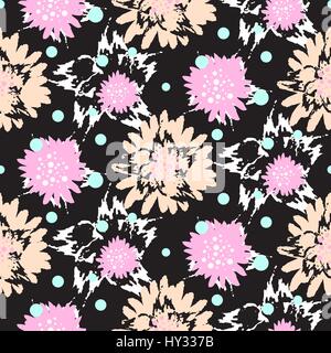 Bold brush strokes floral vector seamless pattern. Rough black background with pink blush flowers. Stock Vector