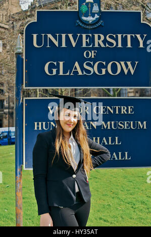 Female Student in Mortar Hat Graduating from Glasgow University Stock Photo