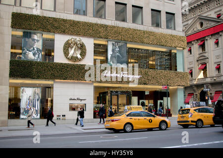 New York, December 1, 2016: Salvatore Ferragamo store on 5th Avenue in Manhattan in Christmas light decor. Stock Photo