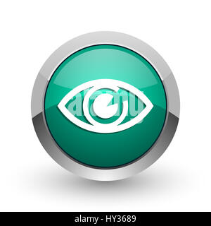 Eye silver metallic chrome web design green round internet icon with shadow on white background. Stock Photo