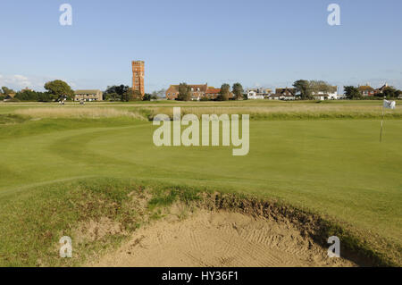 View over small bunke to the 1st Green, Littlestone golf course, Littlestone, Kent, England Stock Photo