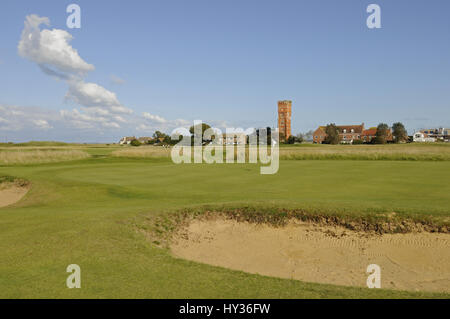 View over bunker to 1st Green, Littlestone golf course, Littlestone, Kent, England Stock Photo