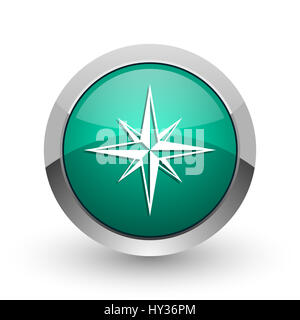 Compass silver metallic chrome web design green round internet icon with shadow on white background. Stock Photo