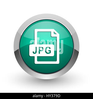 Jpg file silver metallic chrome web design green round internet icon with shadow on white background. Stock Photo