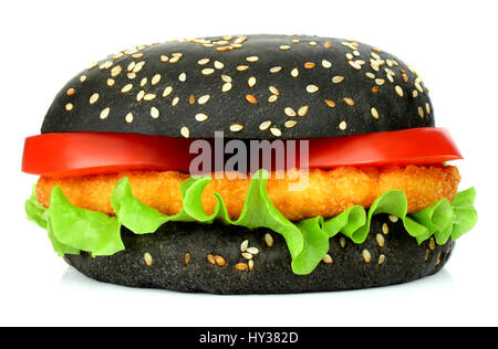 Big black hamburger with chicken cutlet on white background Stock Photo