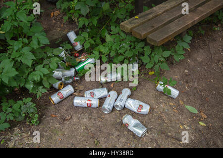 discarded empty lager cans litter a path by a bench in north London Stock Photo