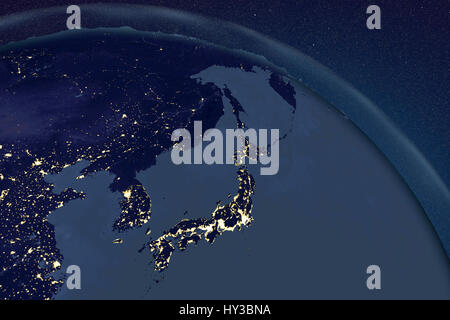 Earth from space at night. Computer illustration showing the Earth as viewed from space, centred over Japan. Stock Photo