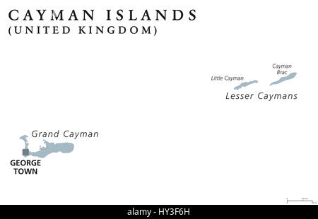 Cayman Islands political map with capital George Town. British Overseas Territory. Three islands in the western Caribbean Sea. Gray illustration. Stock Photo