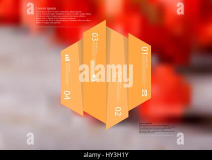 Illustration infographic template with motif of hexagon vertically divided to four shifted orange sections. Blurred photo with natural motif with red  Stock Vector