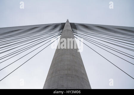 Ada Bridge main pylon seen from the ground - Belgrade - Serbia  The Ada Bridge or alternatively Sava Bridge is a cable-stayed bridge over the Sava riv Stock Photo