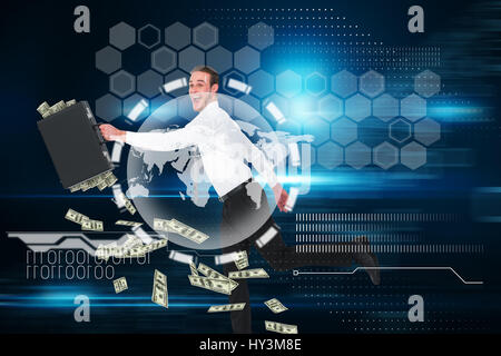Running businessman against floating numbers on black background Stock Photo