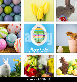 happy easter against multicolored easter eggs in carton Stock Photo