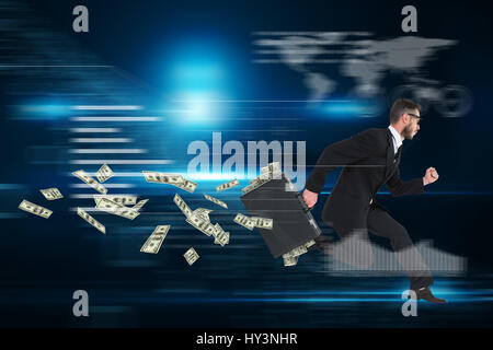 Running businessman against floating numbers on black background Stock Photo