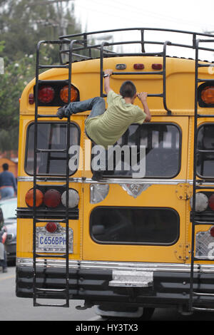 Traveling in Guatemala with School Bus, chicken bus Stock Photo