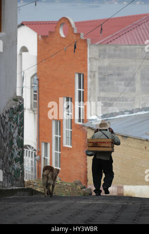 Mayan senior men is carrying fresh vegetables in a box on his back tied with a strong rope Stock Photo
