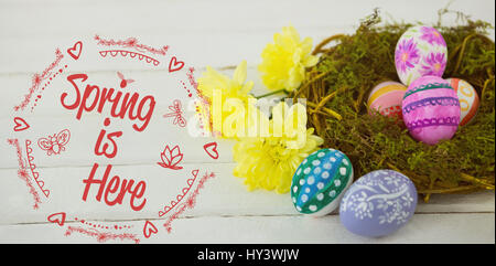 Spring is Here logo against background  against colorful easter eggs in nest Stock Photo