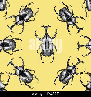insect beetle seamless pattern, background with engraved animal hand drawn style rhino Stock Vector