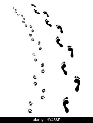 Prints of human feet and dog paws, turn left Stock Photo