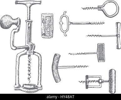Big set of corkscrew in vintage old engraving style, hand drawn in scratchboard style classic Stock Vector