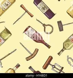 Seamless background with corkscrew and wine bottles engraved vintage pattern Stock Vector