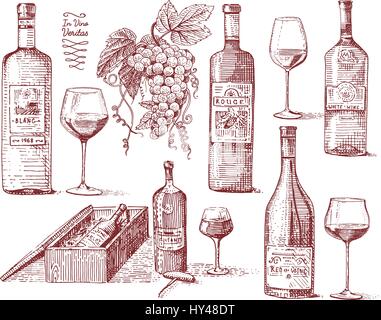 wine harvest products, press, grapes, vineyards corkscrews glasses bottles in vintage style, engraved hand drawn sketch Stock Vector