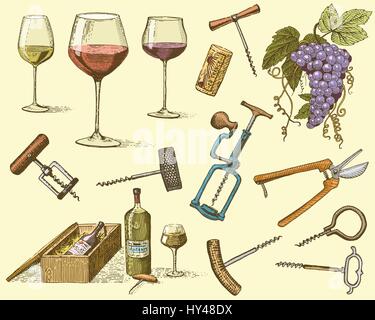 wine harvest products, press, grapes, vineyards corkscrews glasses bottles in vintage style, engraved hand drawn Stock Vector