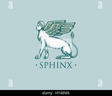 Sphinx logo ancient Greece, antique symbol vintage, engraved hand drawn in sketch or wood cut style, old looking retro Stock Vector