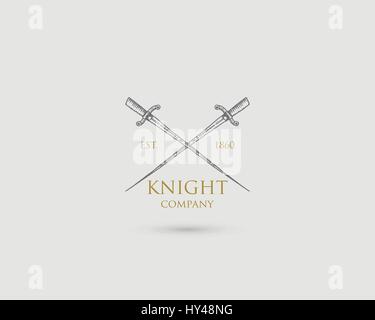 Swords Logo, medieval knight dagger antique vintage symbol , engraved hand drawn in sketch or wood cut style, old looking retro Stock Vector