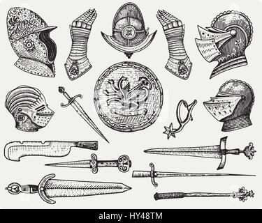 big set medieval symbols, Helmet and gloves, shield with dragon and sword, knife and mace, spur vintage, engraved hand drawn in sketch or wood cut style, old looking retro Stock Vector