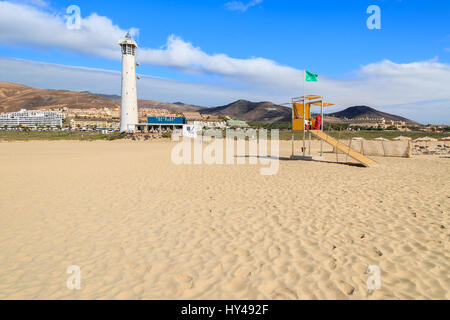 Lighthouse tower on Morro Jable beach on Jandia peninsula, Fuerteventura, Canary Islands, Spain Stock Photo