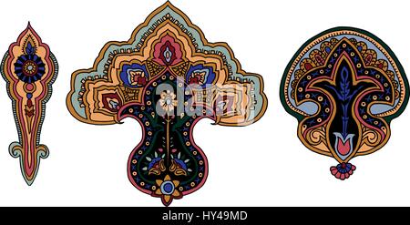 Set of 3 colorful vector paisley elements. Traditional motive of Russia, India, Persia isolated on white background. For your design. Stock Vector